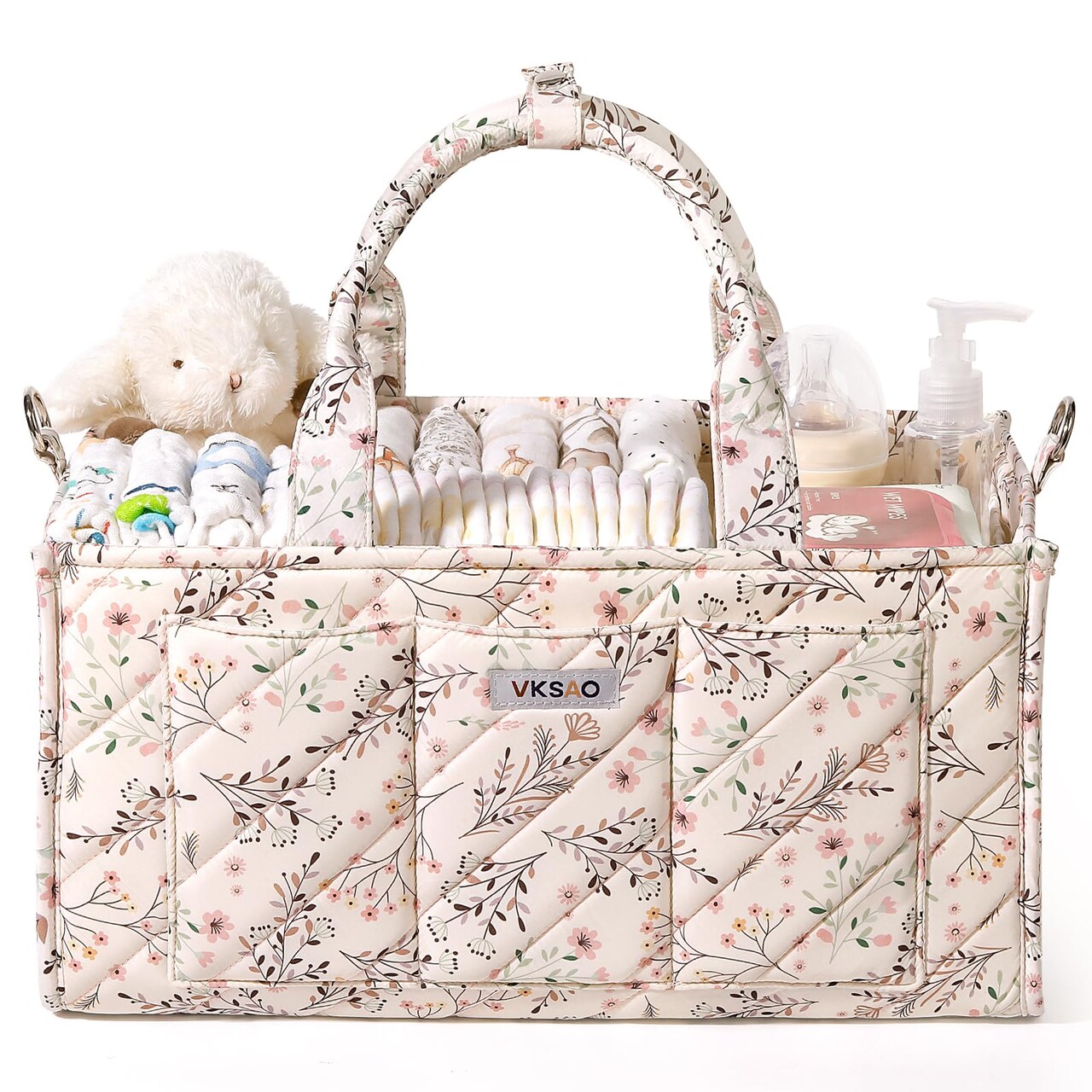 Baby Essentials Cute Floral Diaper Caddy Organizer – Portable Storage Basket with Shoulder Strap & Stroller Hooks, Splashproof Quilted Nursery & Car Tote for Baby Shower, Beige Floral